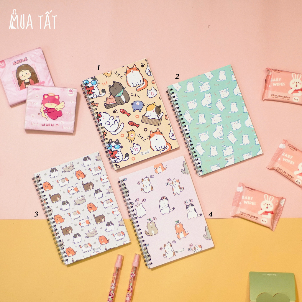 Sổ tay gáy lò xo A5 120 trang mèo Nhật Mua Tất