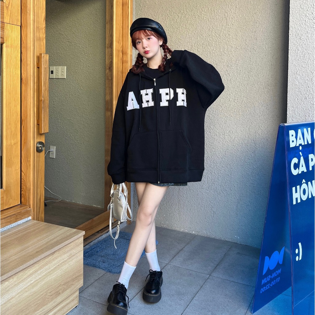 Áo Khoác Nỉ Hoodie Zip Thêu AHPH Form Rộng Nam Nữ