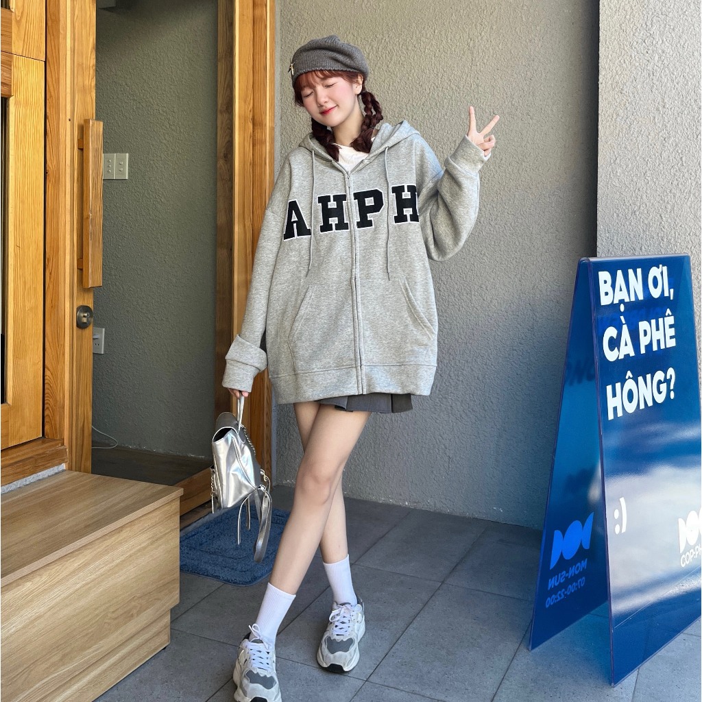 Áo Khoác Nỉ Hoodie Zip Thêu AHPH Form Rộng Nam Nữ