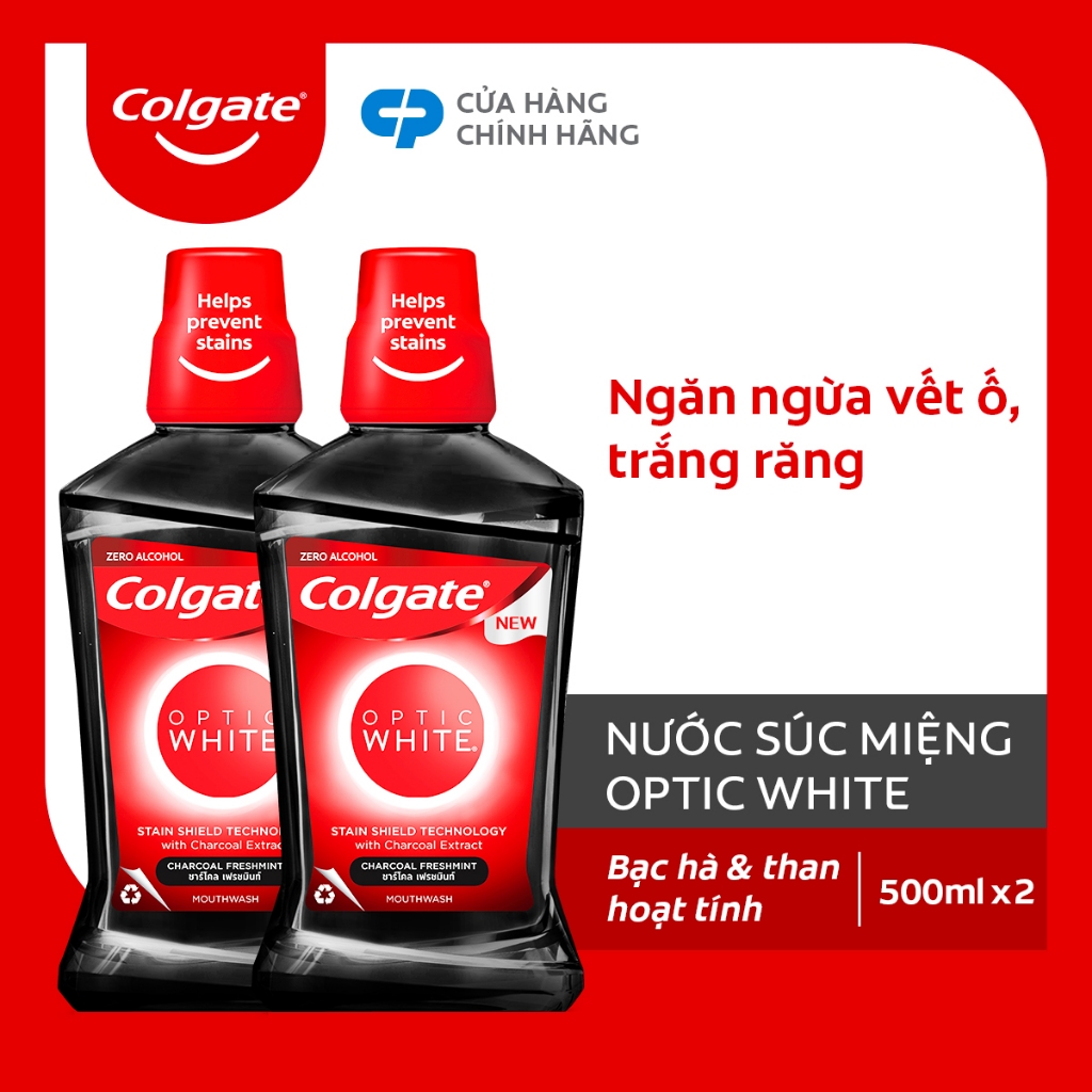 Bộ 2 Nước súc miệng Colgate trắng răng Optic White than hoạt tính 500ml