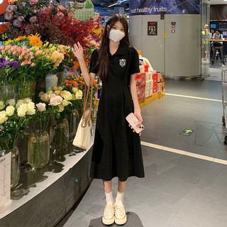 (Có XS-3XL) Váy thun cotton cổ bẻ tiểu thư chít eo tôn dáng trang trí logo dễ thương