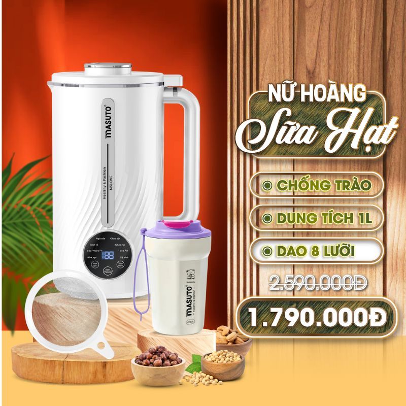 Máy làm sữa hạt Masuto 1L xay các loại hạt siêu nhuyễn mịn chống trào, 8 chế độ nấu, dễ vệ sinh