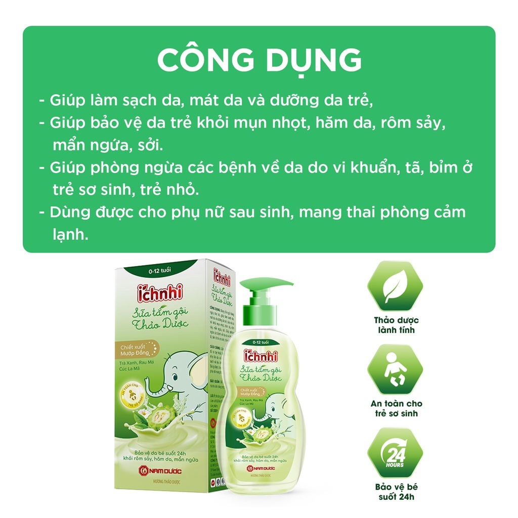 Sữa tắm gội thảo dược Ích Nhi cho bé chai 200ml phòng cảm lạnh, ngừa rôm sẩy, mẩn ngứa, dưỡng da mềm mịn cho bé