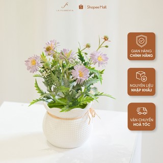 Chậu hoa cúc điểm hạt nhiều màu lụa cao cấp la floresta - hoa lụa decor trang trí