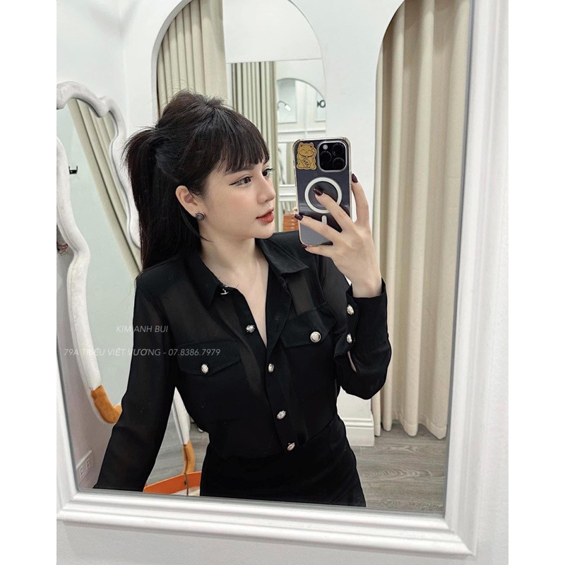 Áo Sơ Mi Khuy Đồng Chất Voan Lụa Mỏng Sexy có đệm vai thomphamshop