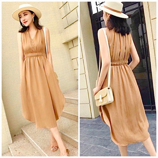 Đầm maxi vàng bò tà tròn sát nách (kèm hình thật)