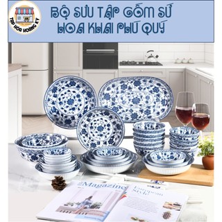 Bộ tô, chén, đĩa gốm sứ 4d họa tiết hoa khai phú quý