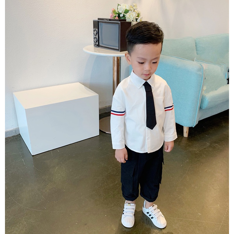 Áo sơ mi trắng kẻ sọc cho bé MONDAY KIDS, áo sơ mi kèm cà vạt bé trai bé gái
