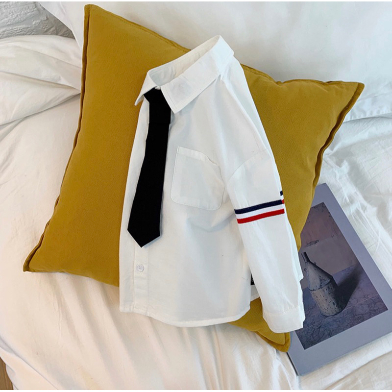 Áo sơ mi trắng kẻ sọc cho bé MONDAY KIDS, áo sơ mi kèm cà vạt bé trai bé gái