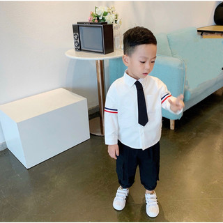 Áo sơ mi trắng kẻ sọc cho bé monday kids, áo sơ mi kèm cà vạt bé trai bé gái