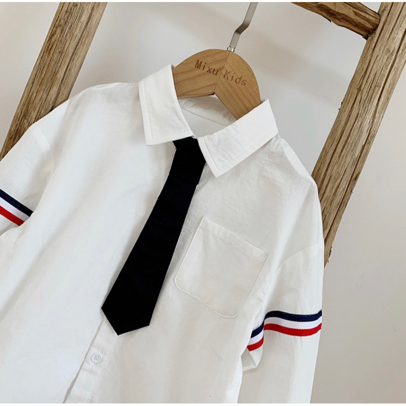 Áo sơ mi trắng kẻ sọc cho bé MONDAY KIDS, áo sơ mi kèm cà vạt bé trai bé gái