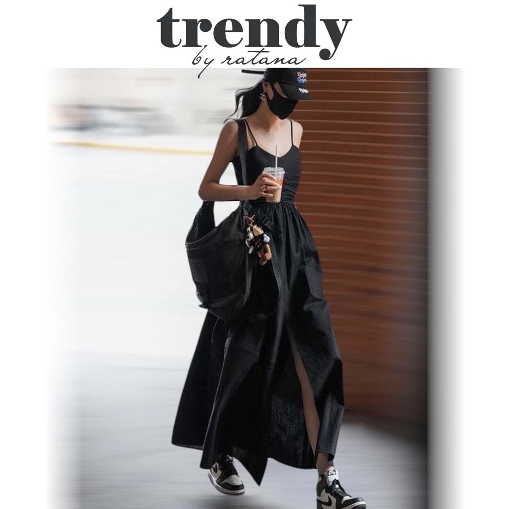 Đầm maxi xòe 2 dây nhún xẻ tà 2 màu siêu xinh
