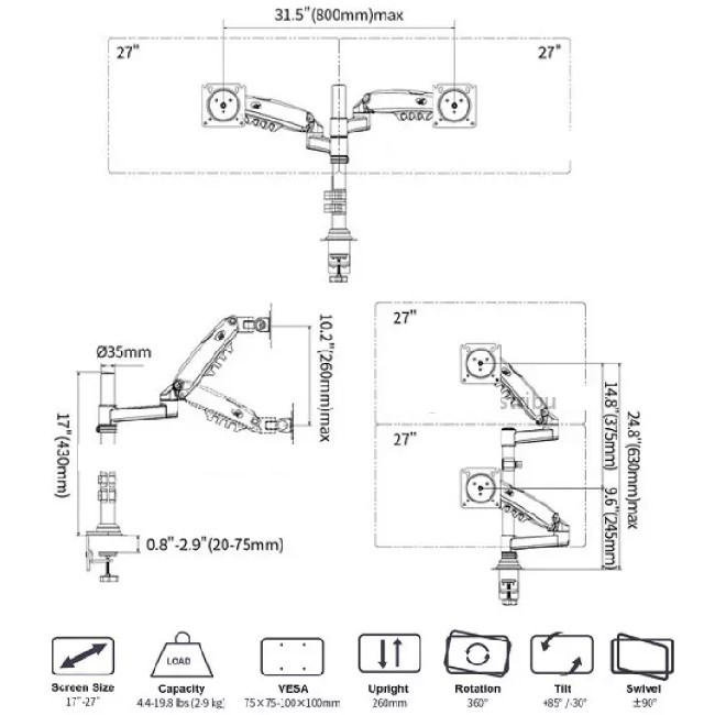 Giá Treo 2 Màn Hình NB-H180 22-32 Inch New 2021