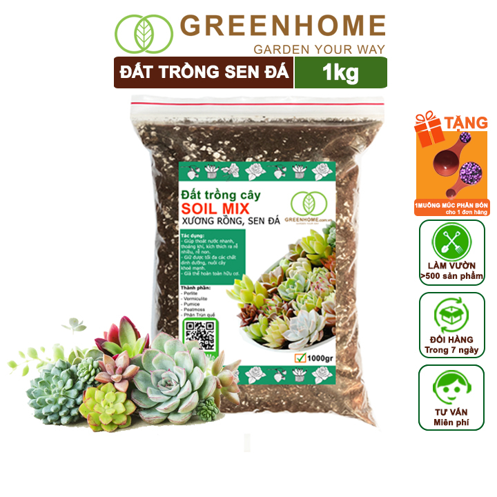 Đất Trồng Sen Đá Greenhome, Bao 1kg, Soil Mix, Trộn Sẵn, Tiện Lợi, Đầy Đủ Dinh Dưỡng, Thoát Nước Tốt, Cây Nhanh Lớn