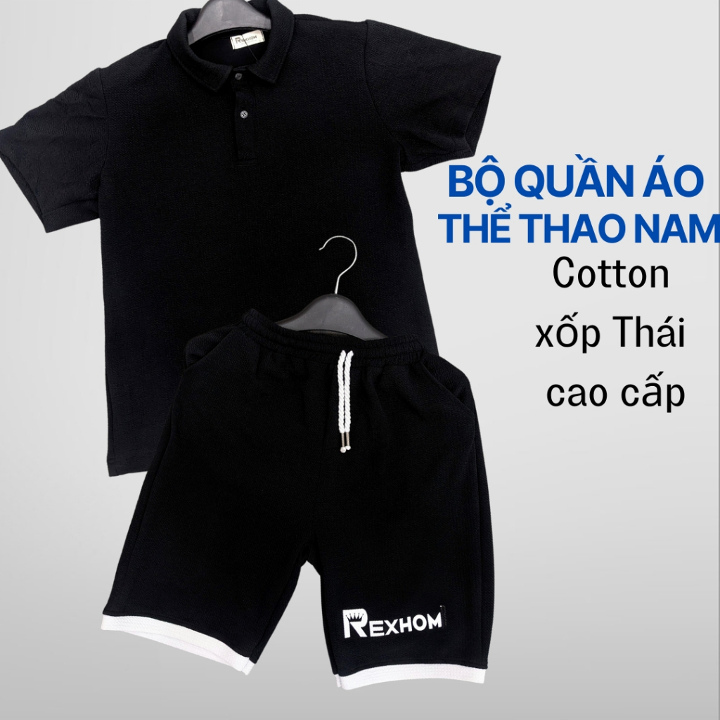 Sét bộ đồ thể thao nam Rexhom cổ polo trắng đen tay ngắn chất liệu xốp cotton Thái dập nổi dày dặn thấm hút mồ hôi