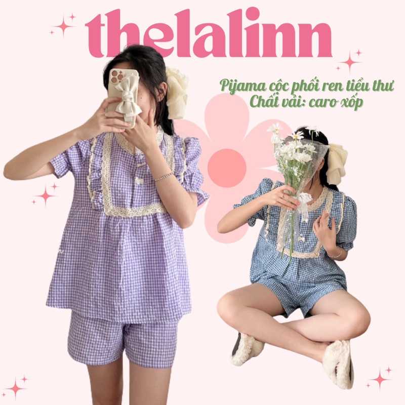 Pijama kẻ caro phối ren tay bồng tiểu thư. Bộ ngủ nữ kẻ thô mềm phối ren nơ xinh xắn