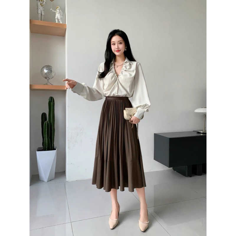 Chân váy Midi xòe dáng dài, xếp ly lưng cao Hàng Quảng Châu Cao Cấp - CV1901 ELADY , chất umi dày dặn không bai xù