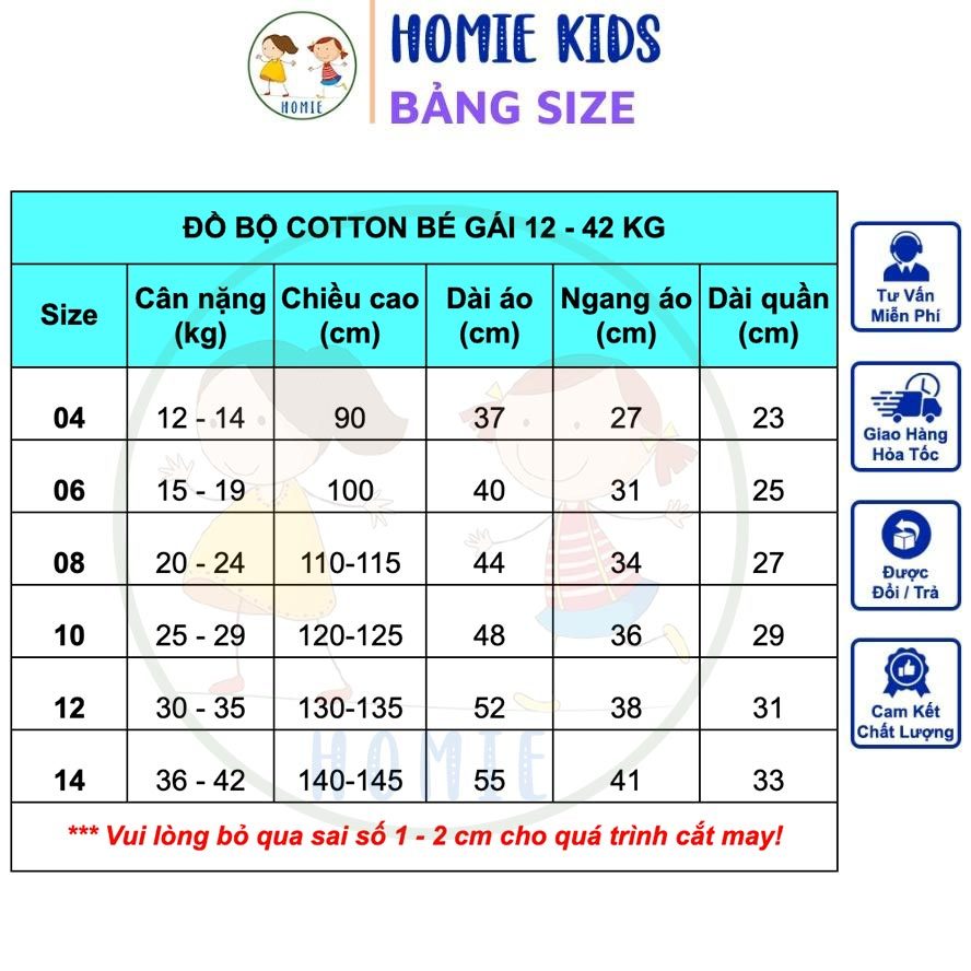 Set đồ bé gái size đại 12-42 kg bộ quần áo trẻ em thun cotton cộc tay mặc mát in hoạt hình xinh Homie Kids