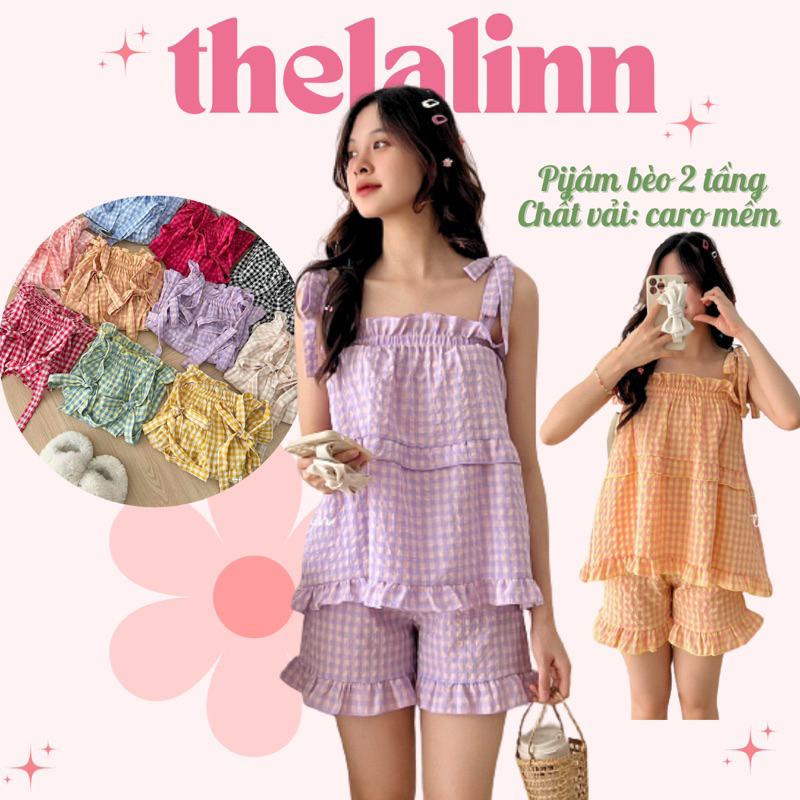 Set pijama 2 dây cột nơ bèo tầng chất caro thô mềm pastel xinh xắn. Bộ ngủ nũ caro mềm dễ thương mát mẻ
