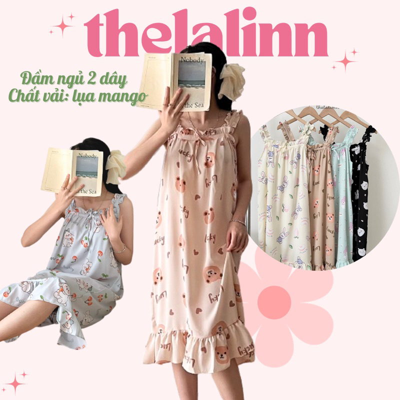 [ ẢNH THẬT ] Đầm ngủ 2 dây lụa mango mềm mịn hoạ tiết xinh xắn. Đầm ngủ mango mát mẻ mùa hè