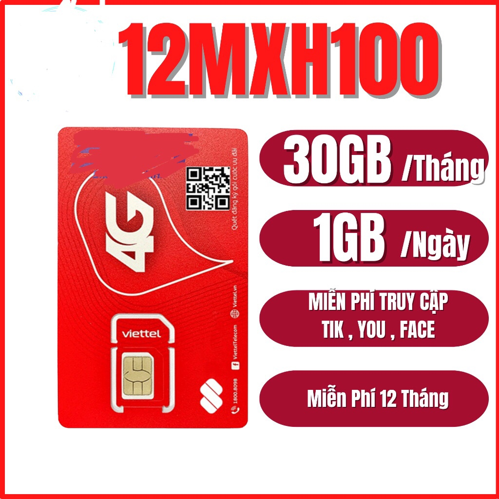 Sim 4G Viettel trọn gói 12  tháng 12umax70 12mxh100 12v90b Không Giới Hạn Lưu Lượng Tốc Độ Cao- BH 12 Tháng