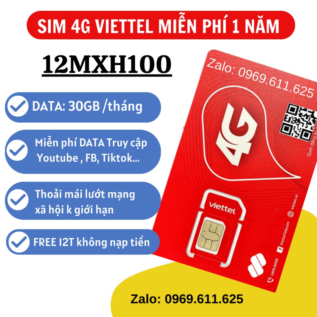 Sim 4G Viettel trọn gói 12  tháng 12umax70 12mxh100 12v90b Không Giới Hạn Lưu Lượng Tốc Độ Cao- BH 12 Tháng