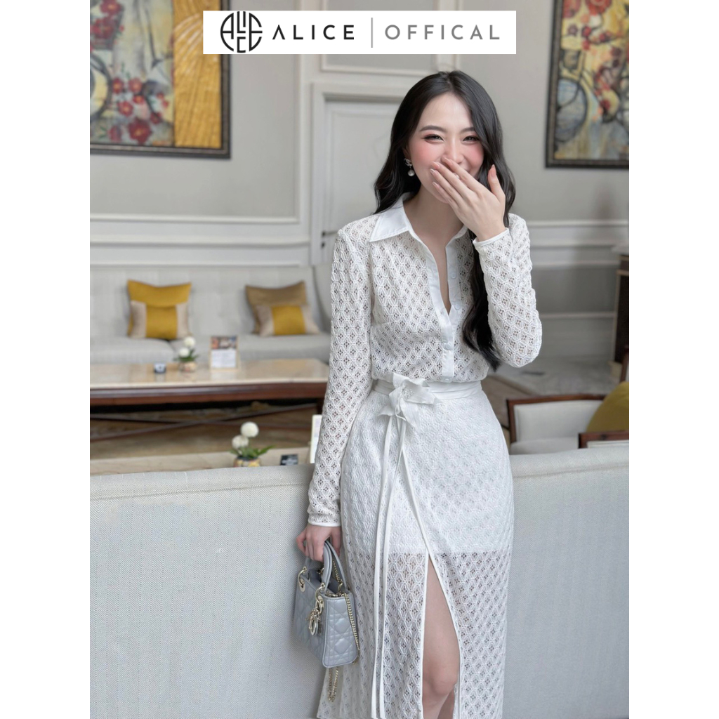 Set Đồ Công Sở ALICE Váy Trắng Áo Sơ Mi Ren Lót Lưới Tay Dài Kèm Chân Váy Dáng Dài Xẻ Tà Đính Hoa Thanh Lịch S390