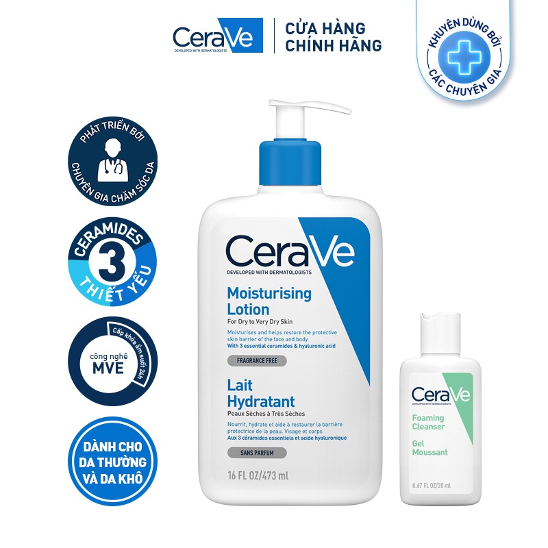 Bộ sữa dưỡng ẩm CeraVe cho da khô 473ml và sữa rửa mặt làm sạch sâu cho da dầu 20ml