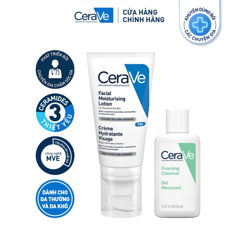 Bộ sản phẩm Cerave Sữa dưỡng ẩm ban đêm (52ml) & sữa rửa mặt làm sạch sâu cho da dầu