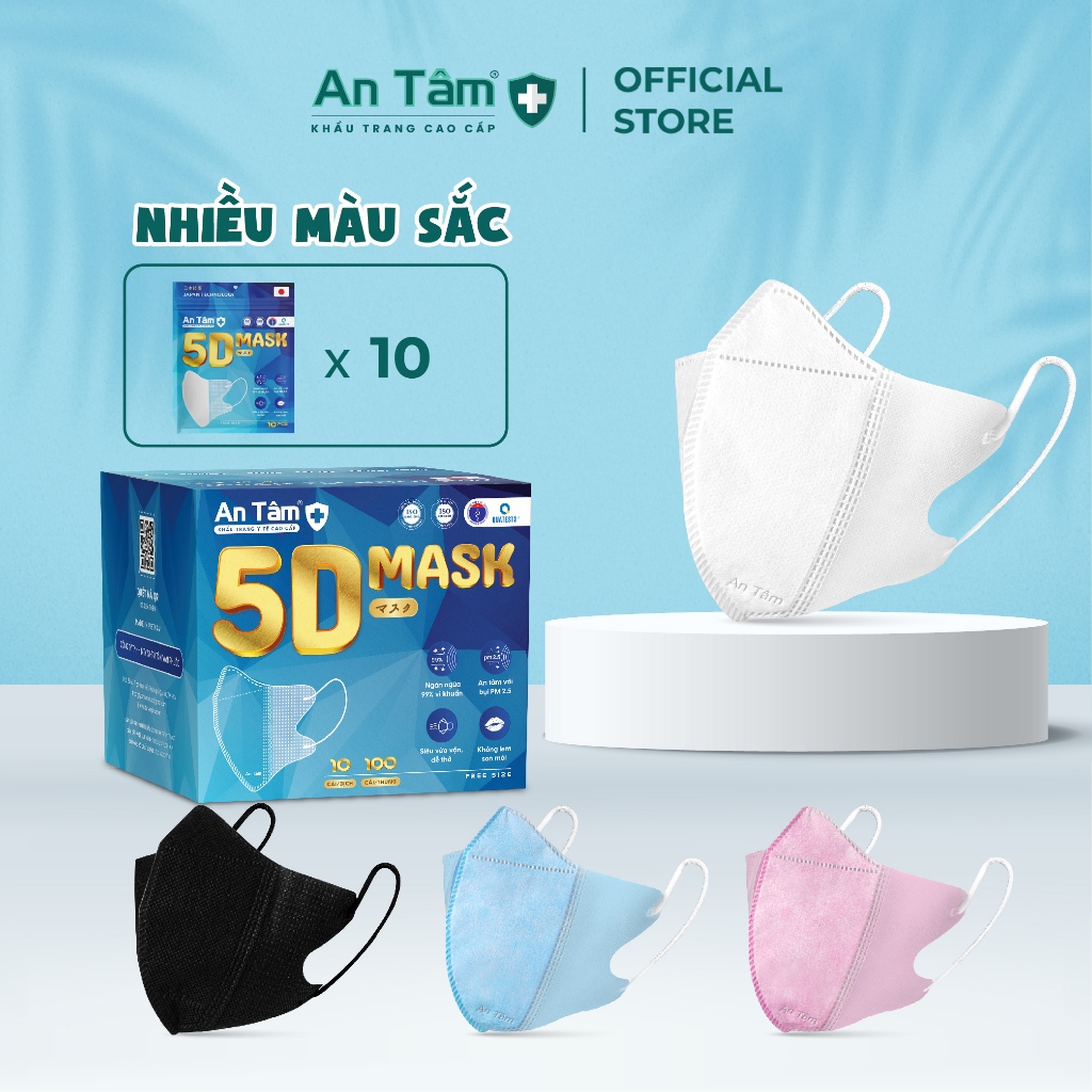 Thùng 100 cái - Khẩu trang y tế 5D 3 lớp Vải Không Dệt & Giấy Kháng Khuẩn Chính Hãng AN TÂM - Túi 10 cái