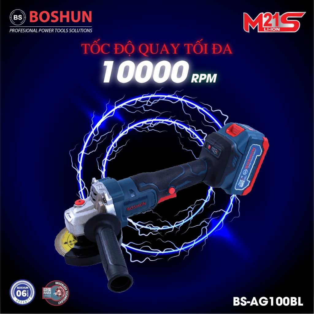 Máy Mài Pin Boshun Công Tắc Bóp, Lõi Đồng 100%, Không Chổi Than, Chân Pin Phổ Thông, Bảo Hành Chính Hãng BS-AG100BL