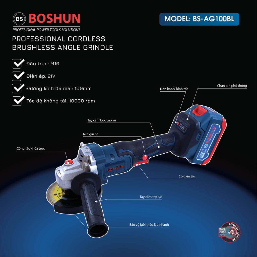 Máy Mài Pin Boshun Công Tắc Bóp, Lõi Đồng 100%, Không Chổi Than, Chân Pin Phổ Thông, Bảo Hành Chính Hãng BS-AG100BL