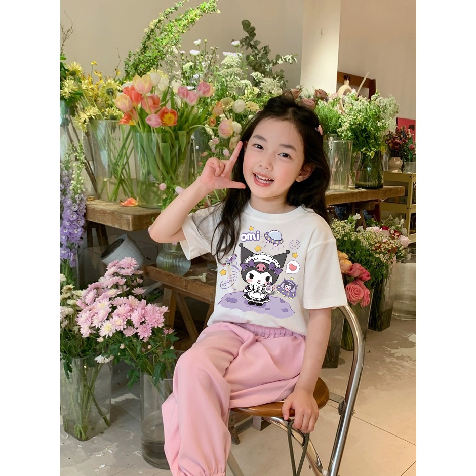 Áo thun cho bé gái UTO áo ngắn tay chất cotton mềm mịn thoáng mát in hoạt hình kuromi mẫu mới 2-12 tuổi T0047