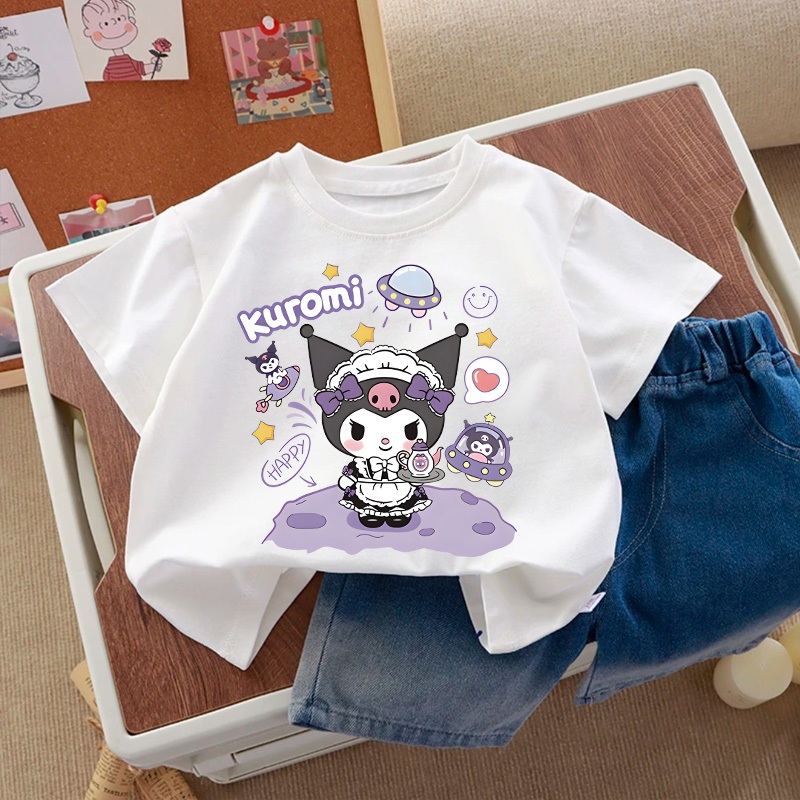 Áo thun cho bé gái UTO áo ngắn tay chất cotton mềm mịn thoáng mát in hoạt hình kuromi mẫu mới 2-12 tuổi T0047