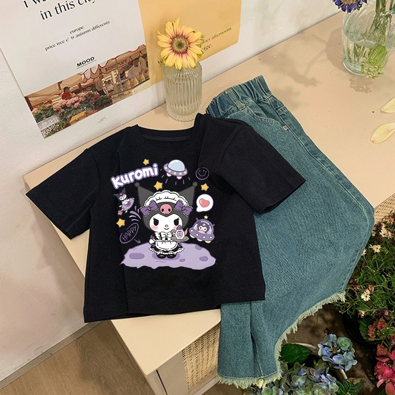 Áo thun cho bé gái UTO áo ngắn tay chất cotton mềm mịn thoáng mát in hoạt hình kuromi mẫu mới 2-12 tuổi T0047
