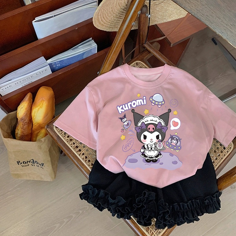 Áo thun cho bé gái UTO áo ngắn tay chất cotton mềm mịn thoáng mát in hoạt hình kuromi mẫu mới 2-12 tuổi T0047