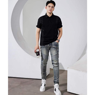 Quần Jean BATMAN Xanh Bụi Phối Đùi Vải Nhăn Khoá Zip Quần Bò Nam Đùi Nhăn Phối Khóa Ngang