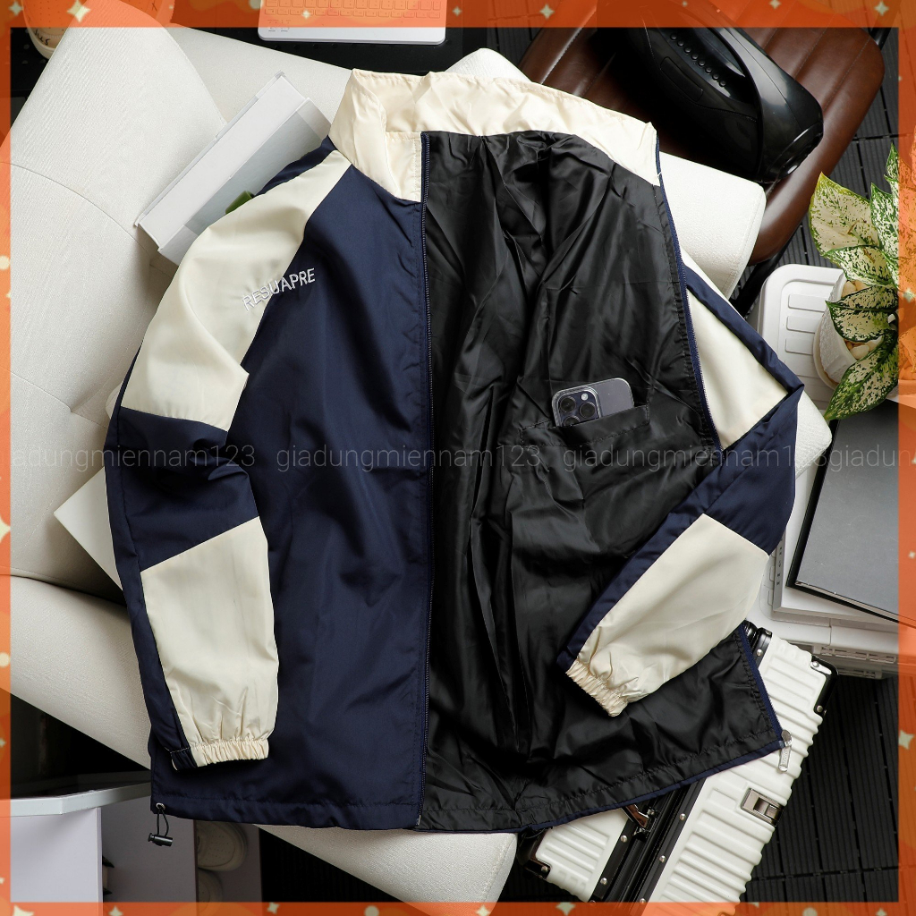 Áo khoác unisex dù cổ trụ phối thêu , dù 2 lớp mỏng mát nhẹ