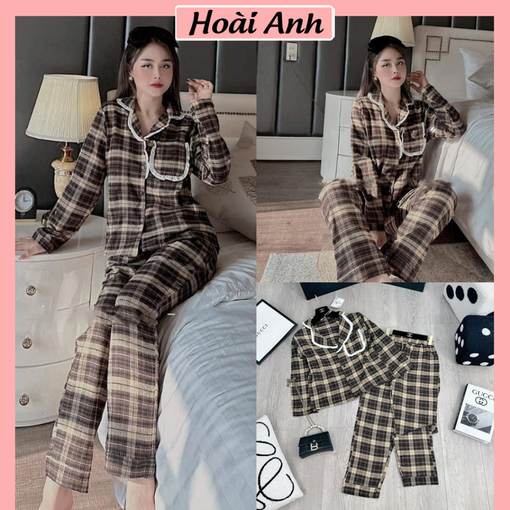 Set Bộ Đồ Nữ Pijama Caro Nâu Áo Dài Tay Cổ V Viền Bèo Mix Quần Xuông Dài Freesize