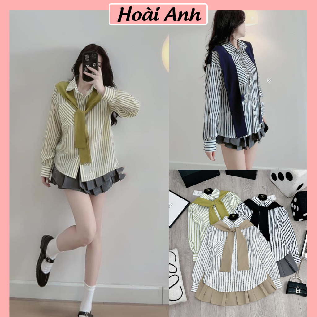 Set Bộ Đồ Nữ Áo Sơ Mi Dài Tay Sọ Thủy Thủ Phối Vạt Cổ Thủy THủ Mix Chân Váy Xếp Ly Dáng Xòe Freesize