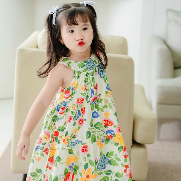 Váy đầm cho bé gái YOYOKIDS cổ yếm xinh xắn phong cách Vintage, Chất Liệu Cotton Thấm Hút Mồ Hôi Tốt size đại