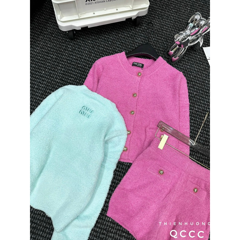 Set len miu miu quần sooc màu pastel logo thêu cao cấp