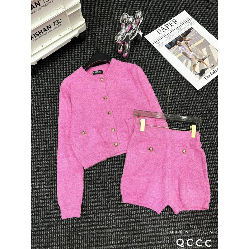 Set len miu miu quần sooc màu pastel logo thêu cao cấp