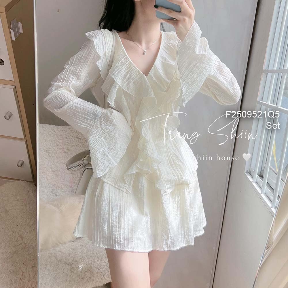 Set bộ 2 món tơ xốp áo phối bèo tay dài loe kèm chân váy xòe ngắn có lót hàng đẹp!