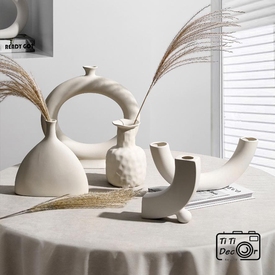 Bình hoa gốm Minimalist TiTi Decor phong cách tối giản, Bình gốm trắng trang trí phong cách Hàn Quốc