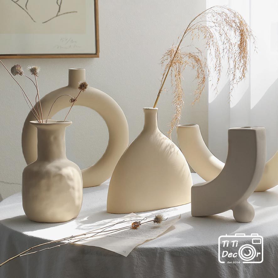 Bình hoa gốm Minimalist TiTi Decor phong cách tối giản, Bình gốm trắng trang trí phong cách Hàn Quốc