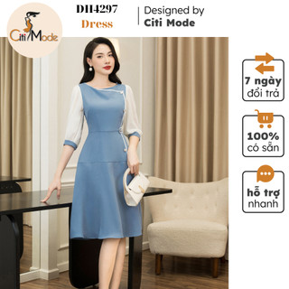 Đầm công sở CITI MODE FASHION thiết kế dáng xoè xanh cổ thuyền phối tay voan DH4297