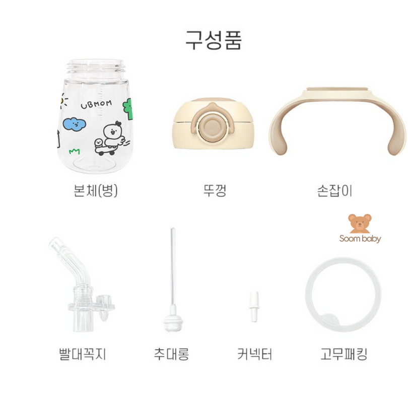 Bình hút nước, hút sữa chống sặc cho bé Ubmom Hàn Quốc 260ml, có nắp bật và tay cầm dễ thương