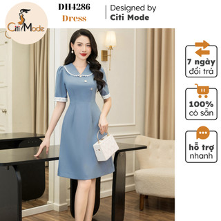 Đầm công sở CITI MODE FASHION thiết kế dáng A xanh tay lỡ phối ren đính cúc ngực DH4286