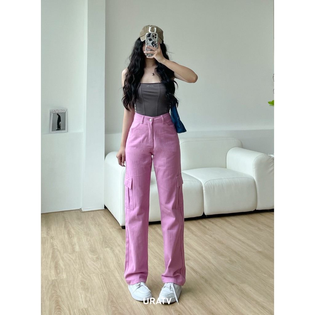 Quần jeans suông lưng cao túi hộp màu URATV